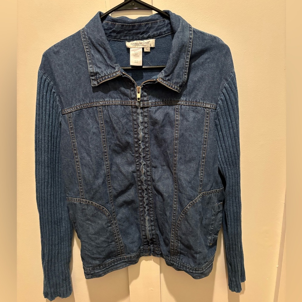 Coldwater Creek Blue Denim Zip-Up Jacket with Ribbed Knit Sleeves Sz PL
